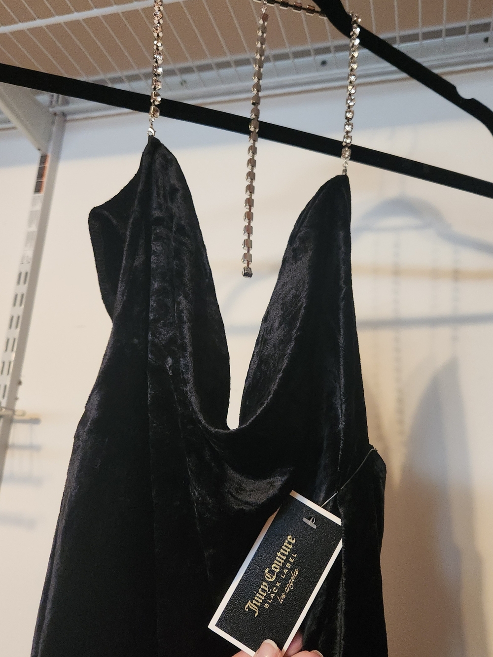 Juicy Couture Black Velvet Cowl Neck Dress with Diamond Chain Straps